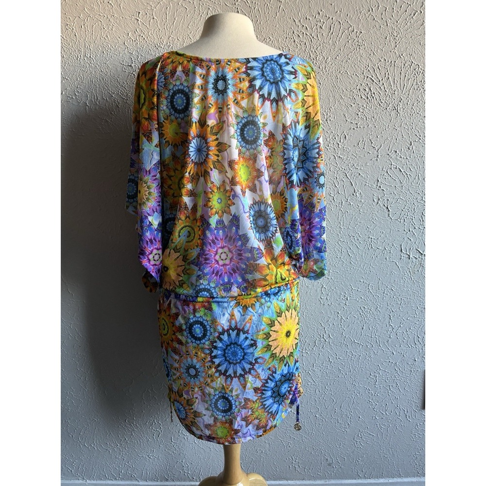 Luli Fama Medium Kaleidoscope Print Batwing Swim Cover Up Resort Tunic - Picture 15 of 16